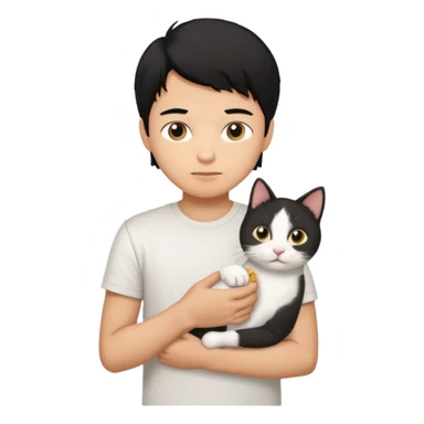 generate a pretty bratz emoji of a boy with black hair wearing a white tshirt and holding a cat  sticker