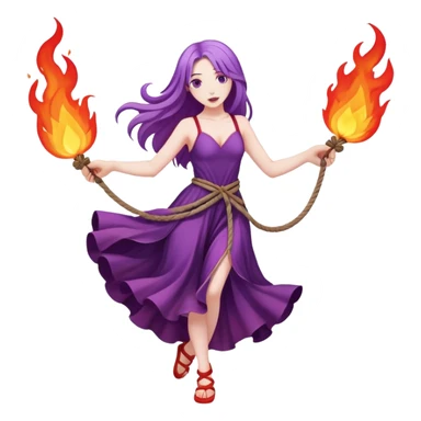 Full body two rope on fire dance performer pale skin with long purple hair red dress sticker