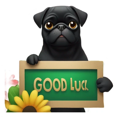 Black pug , surrounded by flowers, holding a green sign that says “good luck”  sticker