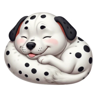 Cinematic Meme-Worthy Chubby Sleeping Dalmatian Portrait Emoji, Head resting peacefully with a contented smile, showcasing a delightfully chubby build and a luxuriously soft white coat with bold black spots, eyes shut in a serene nap, Simplified yet hilariously adorable features, highly detailed, glowing with a soft, drowsy light, high shine, relaxed and utterly lovable, stylized with an air of playful laziness, bright and heartwarming, soft glowing outline, capturing the essence of a comically sleepy Dalmatian, so meme-worthy it feels like it could instantly become the next viral sensation of adorable slumber! sticker