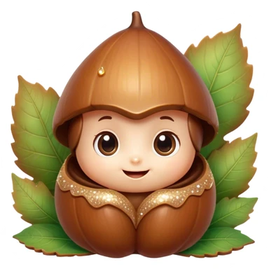 Cinematic tiny happy acorn, glossy brown, soft glowing highlights, tiny adorable face with big sparkly eyes, sitting on a pastel leaf, warm and cheerful. sticker