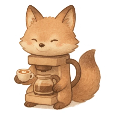 soft pastel fluffy fox designed as a coffee maker animal holding a tiny latte cup brown and beige tones full-body 电器拟动物风格 sticker