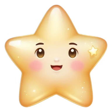 Cinematic cute sparkling star, chubby rounded edges, golden glow, tiny blushing cheeks, warm and gentle shine, twinkling softly in a pastel night sky. sticker