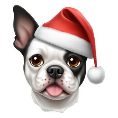 All white Boston terrier wearing Christmas hat sticker