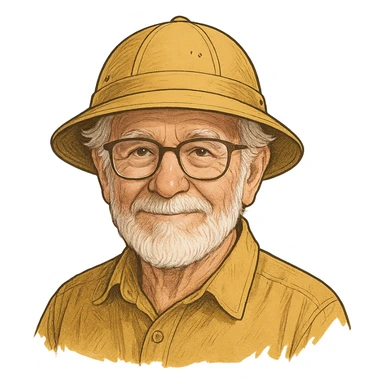An elderly man with white hair and beard, wearing glasses and a yellow explorer hat sticker