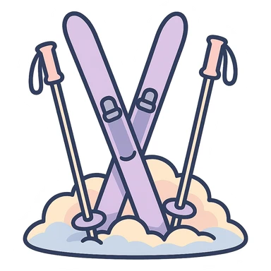 cross-country skis and poles on the sides, stuck at an angle into a snowdrift, snow piled up around the bases, detailed shading, thin clean outlines, soft rounded features, pastel palette #98B5BC #B5B3C1 #C9A3C9 #E4C0CA #F7DCD1 #F7C0AA, Japanese pop art, sticker look, highly detailed, vector clarity, soft lighting, subtle shadows, transparent background sticker