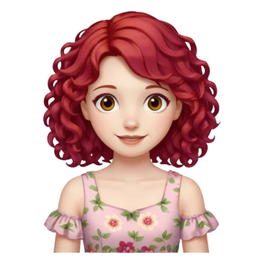 girl with shoulder length curly cherry red hair with brown eyes and pale skin smiling. pastel dress sticker
