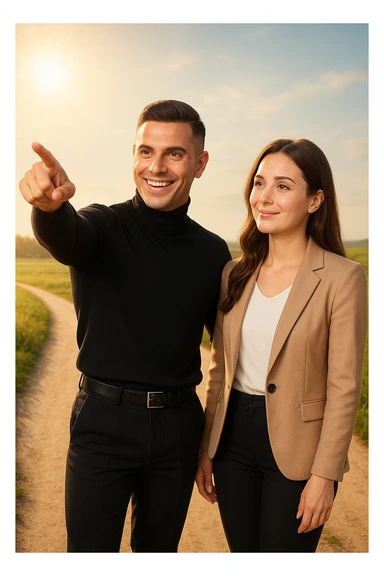 a man stands confidently at a crossroads, pointing toward a clear path ahead. Beside him, a woman looks at him con fiducia e serenità, pronta a seguirlo. Entrambi sono ben vestiti e sorridenti, immersi in un paesaggio luminoso che simboleggia nuove opportunità e un viaggio condiviso. sticker