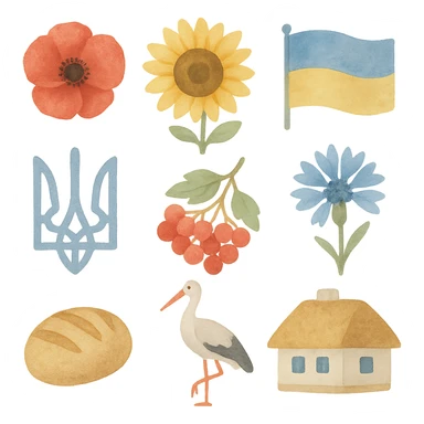 3D painted style icons: red poppy, sunflower, Ukrainian flag, trident, viburnum, cornflower, bread, stork, Ukrainian house. 2x3 grid, organic spacing, transparent background, artistic brush strokes, pastel colors, light graininess, uneven edges, handmade effect, camera angle 25°. sticker