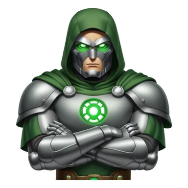 Doctor Doom with arms crossed and green glowing eyes sticker