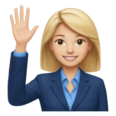 Make emoji of business woman with light skin and medium blonde hair in a dark blue business suit and light blue shirt waiving to new clients sticker