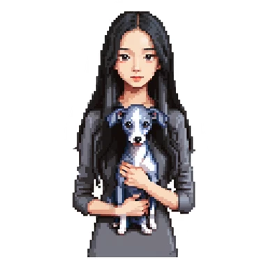 Slim Chinese girl with long black hair holding completely solid grey Italian greyhound with absolutely no white markings anywhere sticker