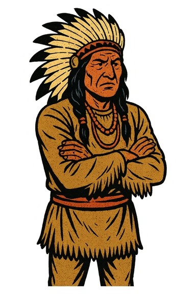 The full body of A native American Indian chief from the 1800s standing looking concerned with his arms crossed sticker