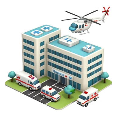 3d hospital outside, with text hospital, ambulance, helicopter sticker