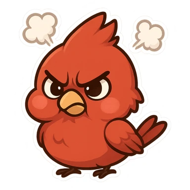 Chibi red male cardinal frowning with puffed cheeks and furrowed brows, steam puffs above head, angry but cute emoji. sticker
