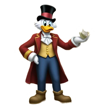 a slim successful looking scrooge mcduck standing atop a pile of money sticker