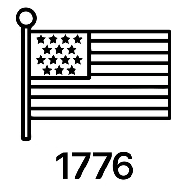 Add the text '1776' in bold black font below the horizontal modern icon style black and white American flag, keeping the style and background transparent. sticker