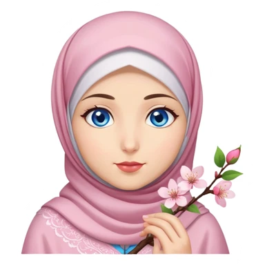 Turkish beautiful finish Konya girl blue eyes with hijab islamic dress and had on her hand cherry blossom sticker
