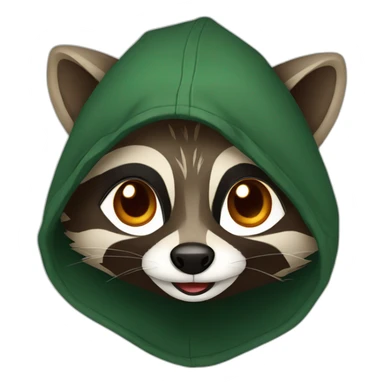 brown raccoon with orange eyes and a dark green hood that is laughing sticker