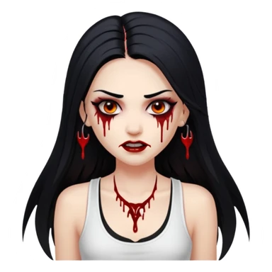 White woman with a white tank top long black hair glossy middle part long hair vamp look with fangs or blood dripping brown eyes eyeliner winged with lashes top and bottom sticker