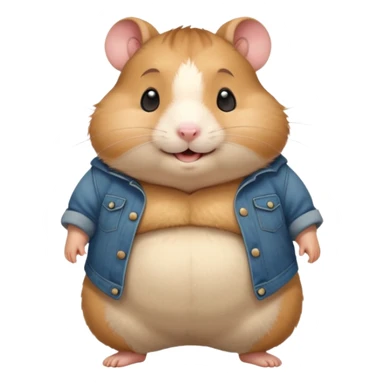 Cute chubby cartoon-style hamster wearing oversized pants that look too big, proud and smiling expression. Painterly shading, white background, sticker-style illustration sticker