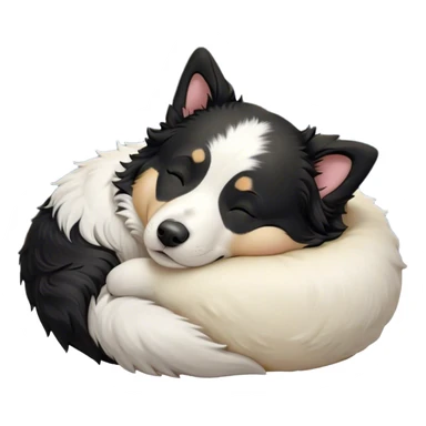 Cinematic Chubby Sleeping Border Collie Portrait Emoji, Chubby and serene, with a round, adorable build and a thick, plush black and white coat, eyes gently closed in peaceful slumber, Simplified yet irresistibly endearing features, highly detailed, glowing with a gentle, dreamy glow, high shine, relaxed and content, stylized with a touch of whimsy, bright and heartwarming, soft glowing outline, capturing the essence of a blissfully sleepy herder, so comically serene it feels like it could roll out of the screen and snore with adorable charm! sticker