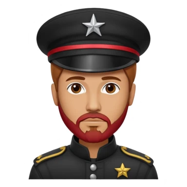 A full body tall guy with a red goatee. He wears a black military barret dressed like a star wars smuggler  sticker