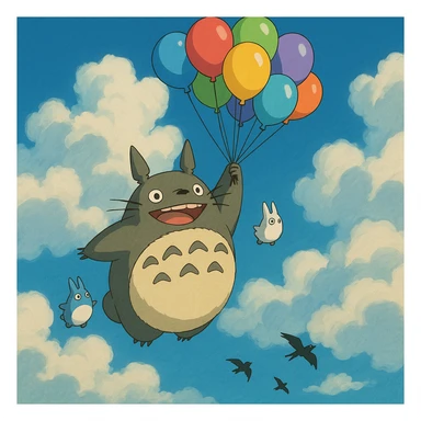 Totoro floating high in the sky, joyfully holding onto a bunch of colorful balloons, with small Totoros trailing behind him and fluffy clouds parting around them as birds fly nearby. sticker