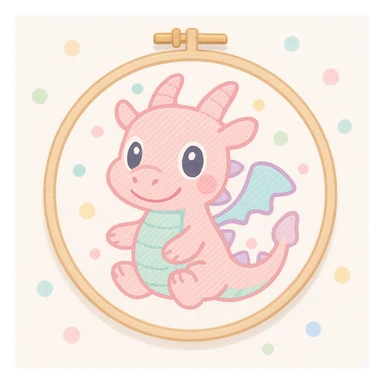 an embroidery frame with a playful dragon embroidered, Animal Crossing style, soft and cute sticker
