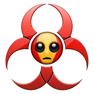 Minimalist emoji-style sticker of a fractured biohazard symbol with a small eye in the center. Stylized, geometric, no text.
 sticker