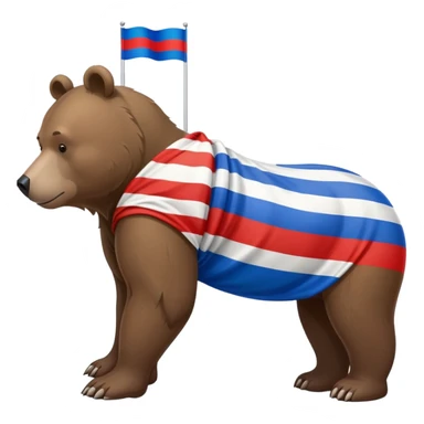 Medium brown bear on all four legs with Russian flag (white, blue, red horizontal stripes) draped over its back, minimalist style, side view sticker