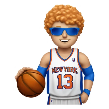 Strawberry blond guy of medium build dunking a basketball with New York Knicks colours and a number 3 jersey, surname bell sticker