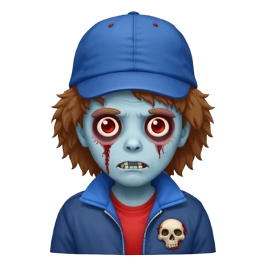 brown fluffy hair zombie with blue and white hat dark blue jilet red t shirt sticker