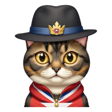 mostly black tortie cat, gold eyes, british hat sticker