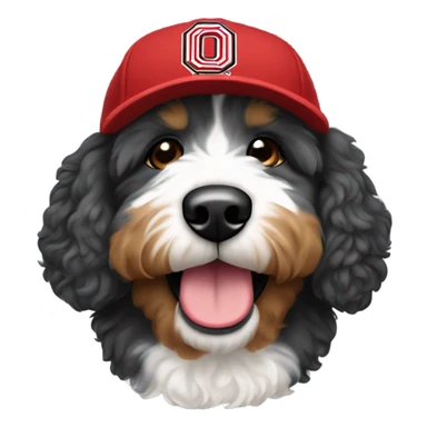 Bernedoodle with Ohio state baseball cap sticker