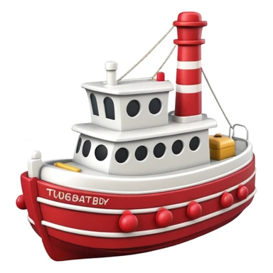 A wooden toy tugboat with a happy face and rosy cheeks sticker