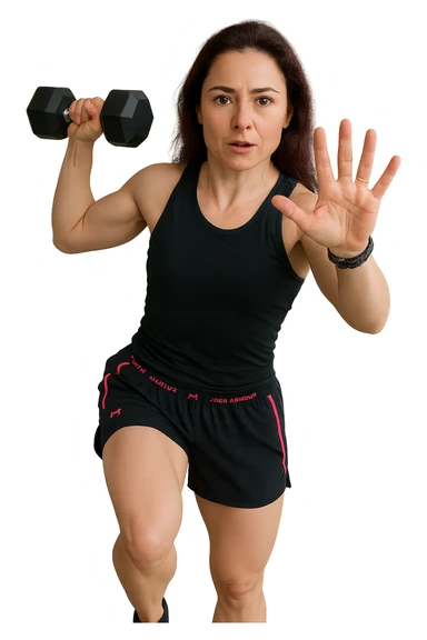 Allenamento ad alta intensità donna mentre fa pesi con in mano due manubri sticker