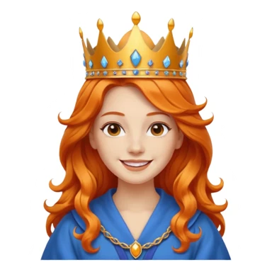 young queen white skin, long wavy orange hair, bright smile, wearing crown and blue robe emoji sticker