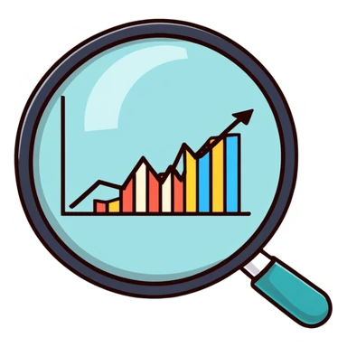 cartoon magnifying glass examining a negative trend chart sticker