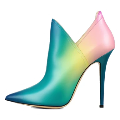 Realistic isolated top view of a pair of dark teal,pastel pink,pastel purple,and yellow ombre Jimmy Choo stiletto peep toe ankle boots. sticker
