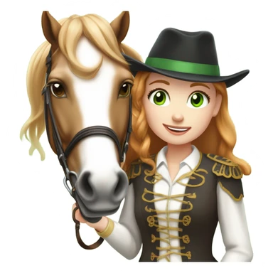 Extremely attractive and feminine white teen girl with green eyes and medium length strawberry blonde hair wearing traditional English riding attire giving a treat to a brown and white paint horse sticker