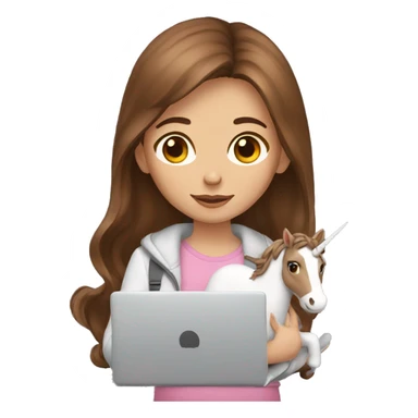 Brown hair girl holding a unicorn and a laptop sticker