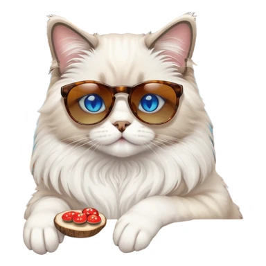 One ragdoll cat with sunglasses selling mushrooms in a bar sticker