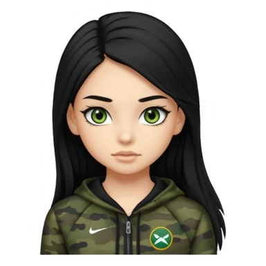 cute teenage girl, cute athletic clothes, light tan skin, dark camo green eyes, long black hair, very long eyelashes sticker