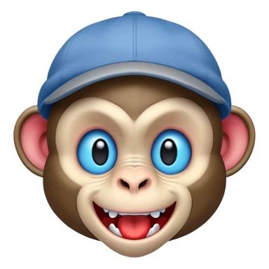A mischievous cartoon monkey, sporting a cheeky grin and sharp teeth, dominates the image, exuding an aura of playful irreverence. Its skin is a pale tone with bold black markings, and piercing blue and red eyes suggest a cunning personality. Topped with a gray cap,  sticker