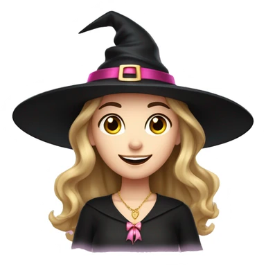 Witchy light brunette haired white girl with a witty smile a gold necklace and a black witch hat with a pink bow sticker