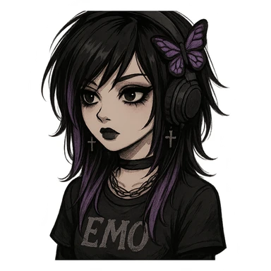 emo girl with headphones, purple highlights, butterfly hairpin sticker