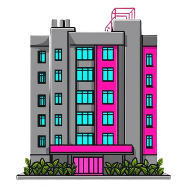 Soviet-era concrete panel apartment building with bright neon pink glow from a window where plants are growing sticker