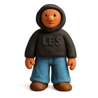 person named Les wearing wide jeans and a black hoodie sticker