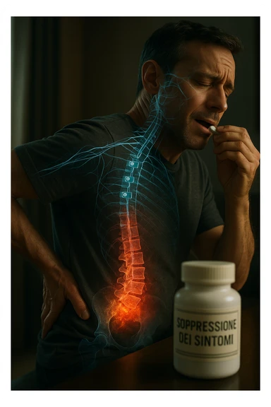Realistica cinematic Man taking pain medication for chronic back pain, pills shown as dimmer switches turning down pain signals in transparent nervous system overlay, underlying spinal damage remaining completely untreated and worsening, expression of temporary relief masking progressive deterioration, medication bottle labeled 'symptom suppression' not 'cure', root cause inflammation continuing to spread in italiano sticker